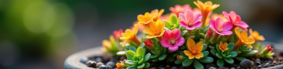 Naklejka premium Colorful flowers blooming on a small shrub-like succulent, flower, nature