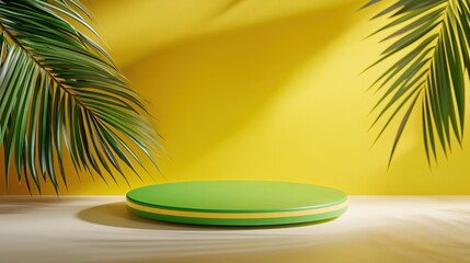 Obraz premium Summer Green Product Display Platform Tropical Palm Leaves Yellow Background