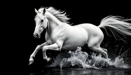 Naklejka premium white horse, galloping through water, splashing, dramatic motion, mane flowing, powerful stance, black and white photography, high contrast, dynamic pose, muscular build, majestic animal, strength and