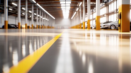 Fototapeta premium Modern Car Showroom Interior Design Clean Lines Bright Lighting Spacious Parking Area