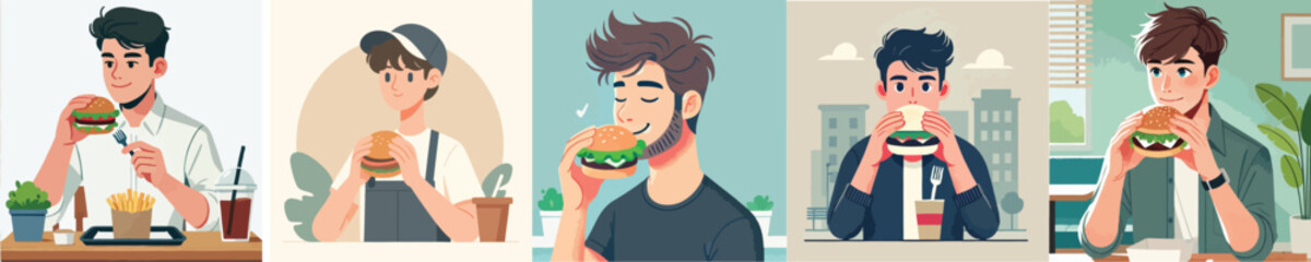 vector set of young men eating burgers