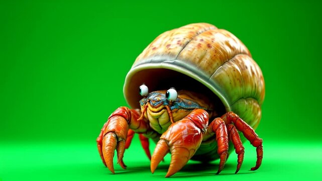 Happy hermit crab peeking shell green background