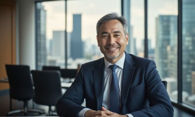 Smiling middle-aged Asian businessman in office