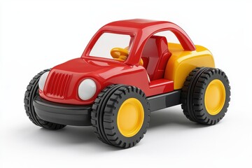 A bright red and yellow toy car with oversized wheels, designed for children, showcasing a fun and playful style.