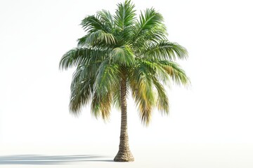 Obraz premium A vibrant palm tree with lush green fronds stands tall against a plain white background, evoking a tropical vibe.