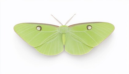 Close-up of a vibrant green moth showcasing intricate wing patterns on a white background
