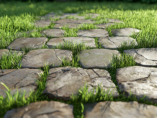 Stone path, grass, garden, sunlight, nature background, landscape design