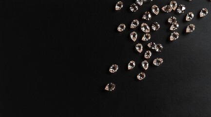 Scattered pear-shaped diamonds on black background.