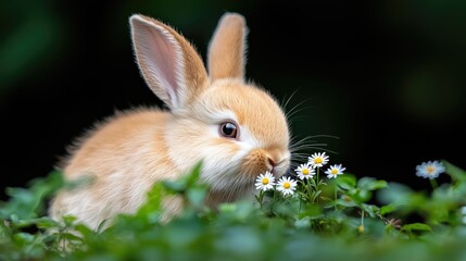 Cute bunny sniffing flowers in garden, nature background, spring card