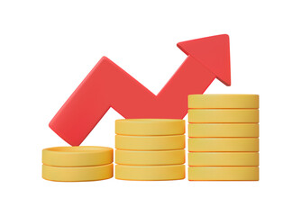 3D vector rendered illustration of a pile of gold coins rising up and a minimalist red arrow symbolizing profit, increased income.  economic trends financial growth investment business