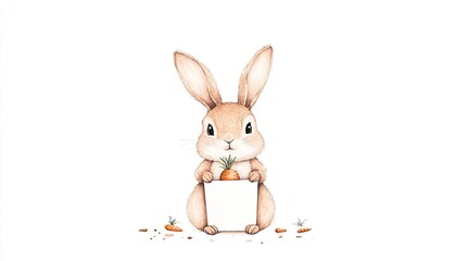 Cute rabbit holding a carrot with scattered carrots in a minimalist white background setting