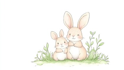Obraz premium Two adorable rabbits sitting in soft grass, surrounded by gentle greenery in a serene setting