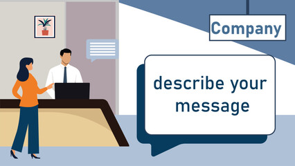 Modern business reception desk with a professional employee assisting a client. Office communication, customer service, corporate workspace, and company consultation in vector illustration.
