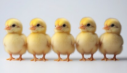 Fototapeta premium Cute Yellow Chicks in a Row with Soft Feathers and Bright Eyes