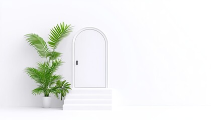 Minimalist white interior featuring an elegant archway door and lush green plants on steps