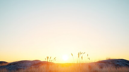 Serene sunrise over a rocky landscape with tall grass swaying gently in the breeze