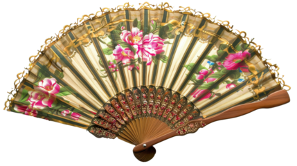 Elegant hand fan with pink flowers and golden details on transparent background