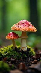 Fototapeta premium Spore-filled webcap mushrooms on forest floor, spores, mycology