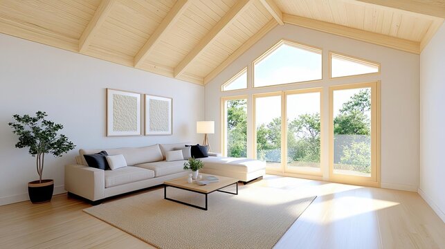 Bright living room with vaulted ceiling . living room interior in new luxury home with open concept floor plan