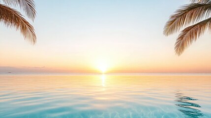 Serene sunset over calm ocean waters, framed by palm trees, creating a tranquil atmosphere