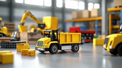 Yellow Dump Truck in a Busy Warehouse Setting Construction Machinery Logistics Industry