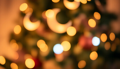 Fototapeta premium Cozy Christmas interior, blurred bokeh lights, warm fireplace glow, decorated Christmas tree, festive atmosphere, soft focus, golden hour ambiance, holiday spirit, inviting living room, magical evenin