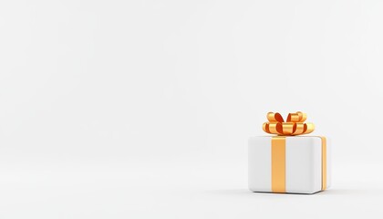 A beautifully wrapped white gift box with an orange ribbon, placed on a clean white background