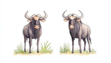 Two realistic illustrations of wildebeests standing in a grassy area, showcasing their features