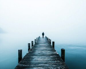 Obraz premium Solitary Figure on Foggy Pier Over Tranquil Water - A Serene Photograph Emphasizing Solitude and Reflection
