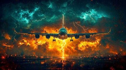 Airplane Landing in a Dramatic Night Storm: A Breathtaking View of a Plane Approaching the Runway During a Fierce Thunderstorm