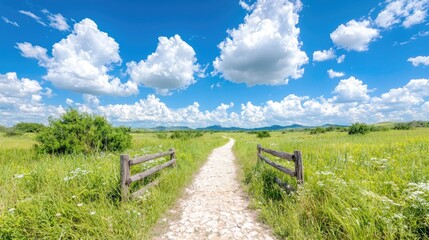 Fototapeta premium Sunny path through grassy field, mountains background; travel, nature