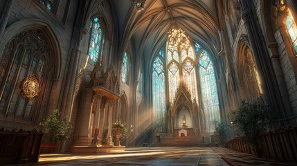 Fototapeta premium A grand, illuminated cathedral interior showcasing stained glass and intricate architecture.