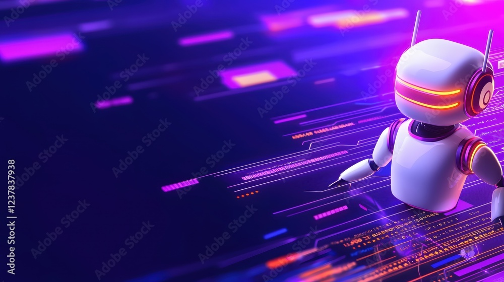 Aufkleber futuristic robot interacting with digital interface neon lights technology