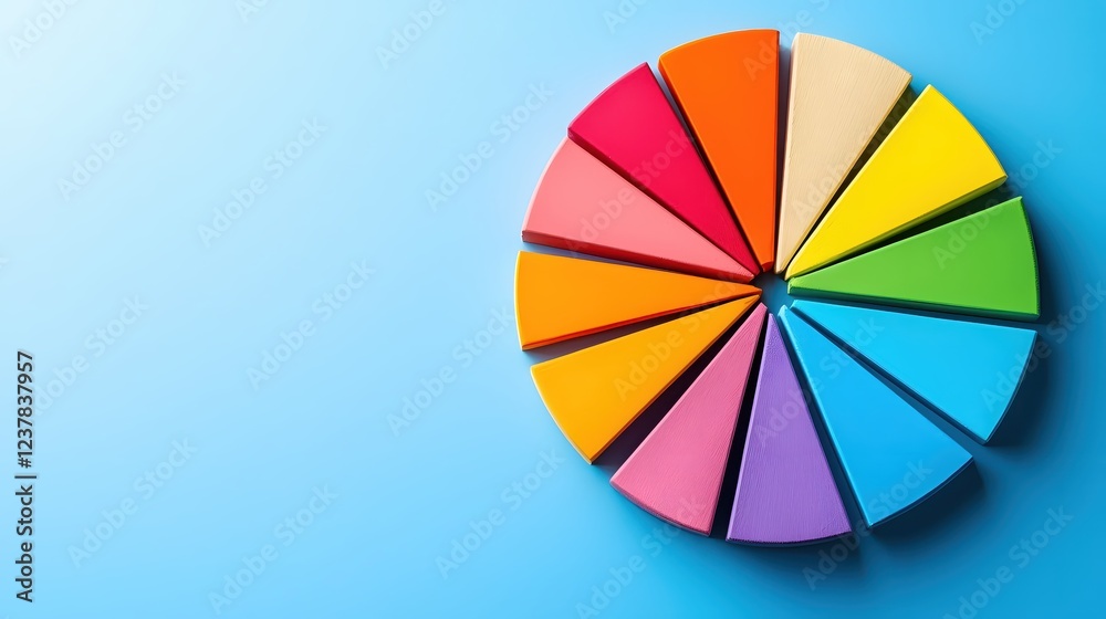 Poster colorful pie chart segments on blue background data visualization