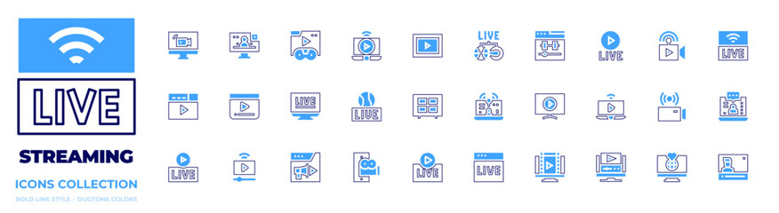 Streaming icon collection. Bold line style. Duotone colors. livestreaming, streaming, streamingtvapp, live, instagramlive, youtube, video, livebroadcast, online