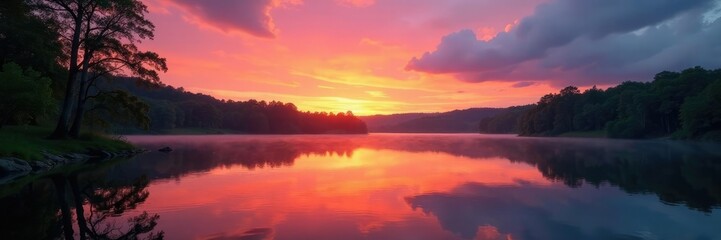 Obraz premium Sunset over a calm lake with surrounding trees, trees, landscape