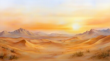 Naklejka premium Expansive desert landscape painting with majestic mountains and vibrant sky tranquil