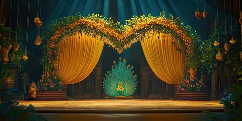 Majestic Peacock Stage Setting with Golden Drapery and Floral Arch