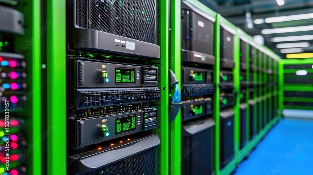 Poster green server racks modern data center technology infrastructure