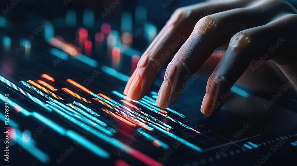 Aufkleber futuristic hand interacting with digital code interface neon lights