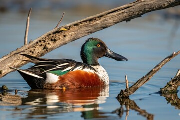 Obraz premium The Northern Shoveler's iridescent feathers glisten in the sunlight on a branch submerged in the lake, ornithology, northern shoveler, lake life, wetland, waterbird