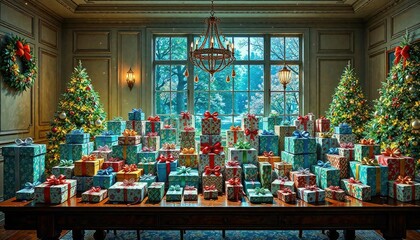 The room is filled with a dazzling array of gifts, all beautifully wrapped and arranged on the table, array, gifts