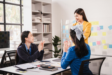 Clap your hands, Female business leaders come together in conference room for their annual meeting, actively participating, asking questions, enriching  seminar, Asian people, only women