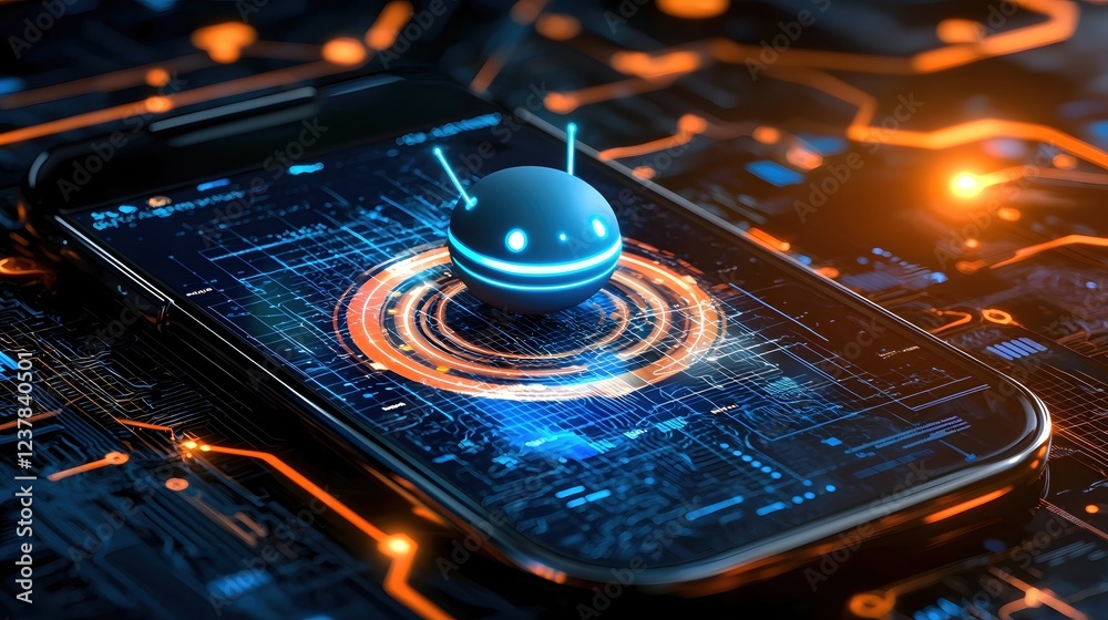 Aufkleber futuristic robot on smartphone screen digital technology interface