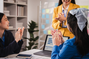 Clap your hands, Female business leaders come together in conference room for their annual meeting,...