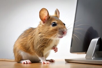 Adorable Fawn Rodent Gazing at Computer Screen - Stock Photo