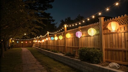 Fototapeta premium The wooden fence is adorned with colorful lanterns and fairy lights at night, lanterns on fence, fairy lights, nighttime