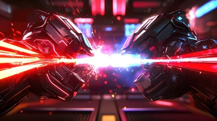 Futuristic Robot Duel Intense Energy Beams Clash Sci Fi Battle