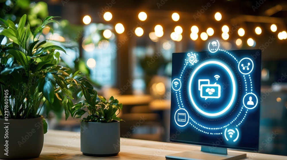 Poster smart home technology displayed on modern computer screen with plants