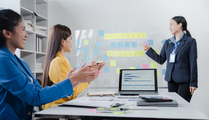 Clap your hands, Female business leaders come together in conference room for their annual meeting, actively participating, asking questions, enriching  seminar, Asian people, only women